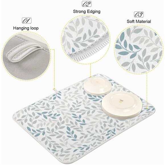 Grey and Blue Leaves branches Dish Drying Mat 16x18 for Kitchen Dishes Pad - Picture 4 of 8
